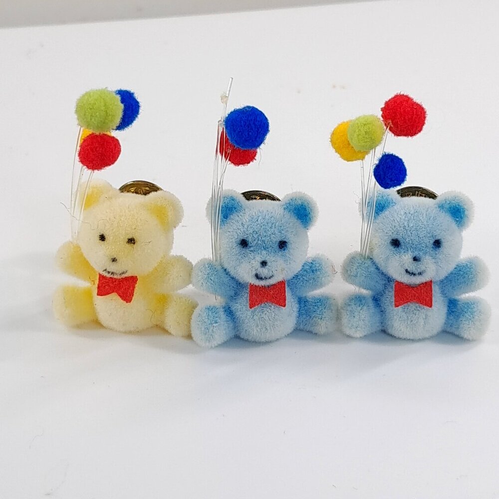 Vintage Teddy bear Holding Balloons Pins set 3 Flocked blue yellow‎ Lapel poms